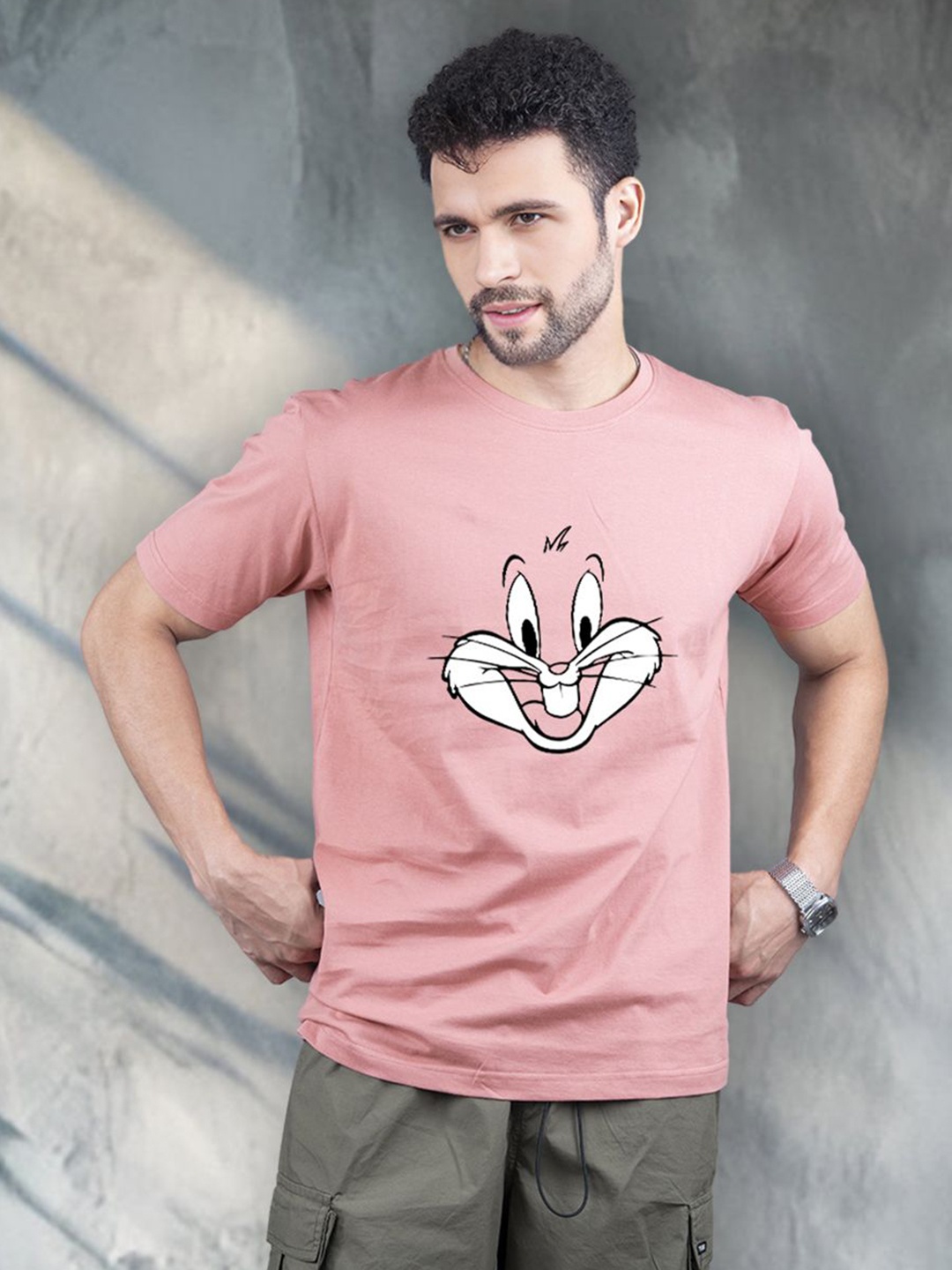 

PRONK Men Graphic Printed Round Neck Cotton T-shirt, Pink