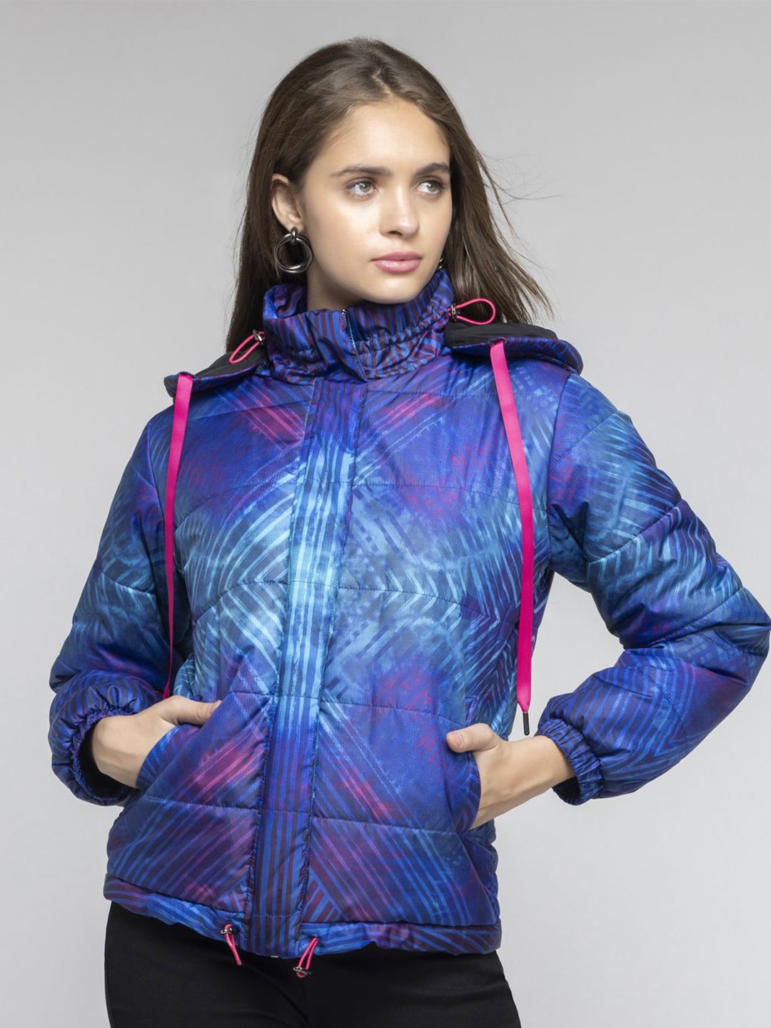 

SHAYE Women Hooded Abstract Printed Casual Puffer Jacket, Blue