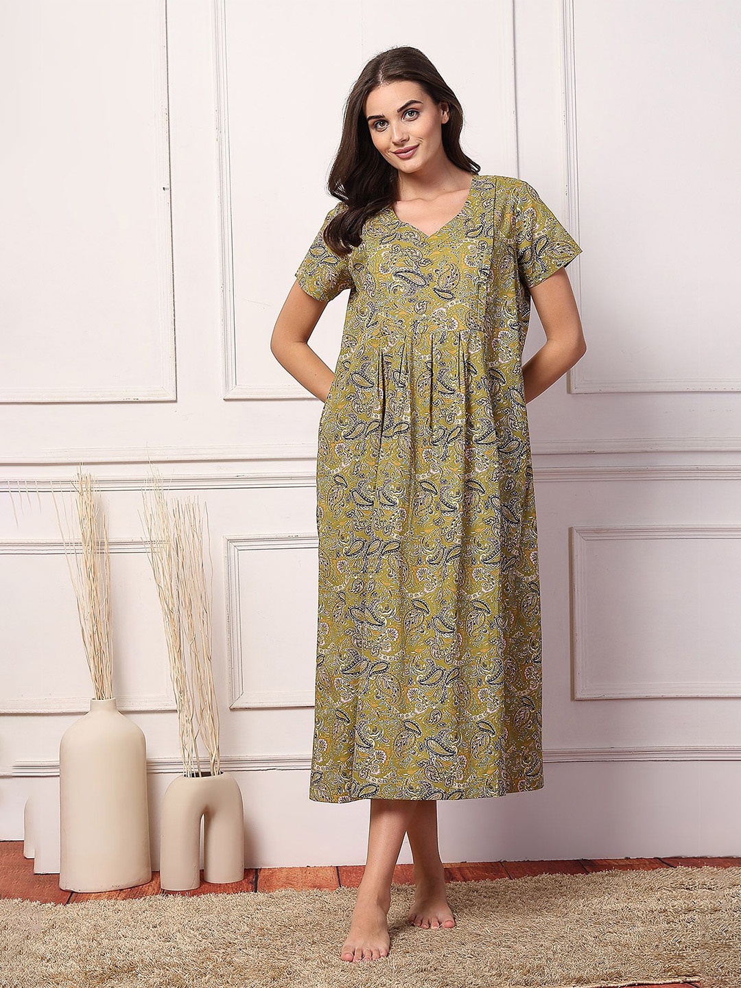 

House Of Zelena Women Printed Pure Cotton Maternity Nightdress with Zip, Olive