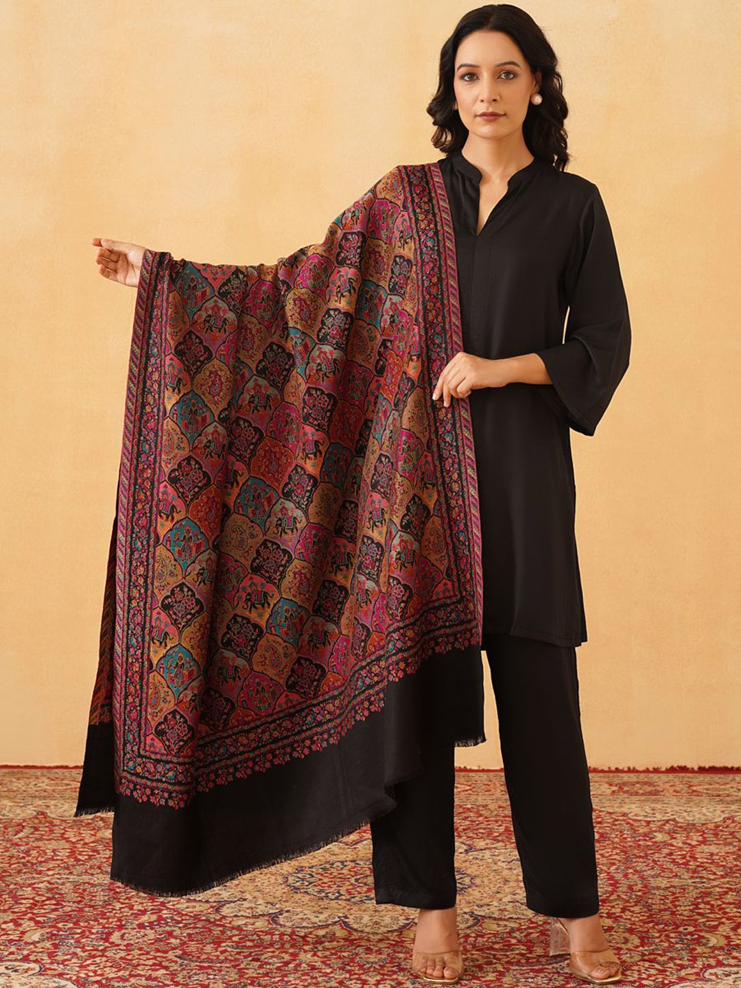 

INCHING INDIA Ethnic Motifs Printed Woollen Shawl, Black