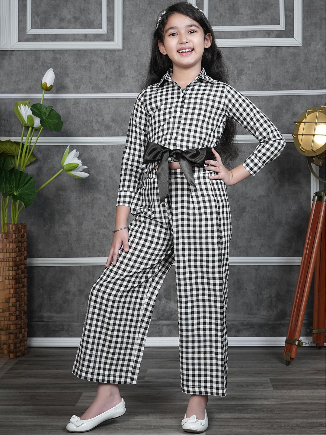 

RANJ Girls Knotted Checked Shirt with Trousers, Black