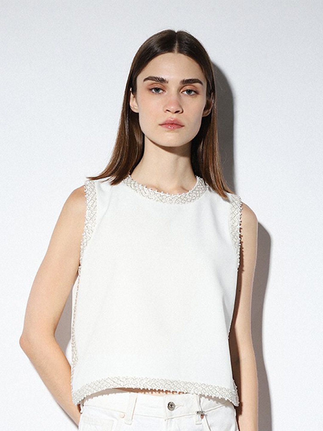 

ONLY Women Round Neck Sleeveless Embellished Tank Top, White