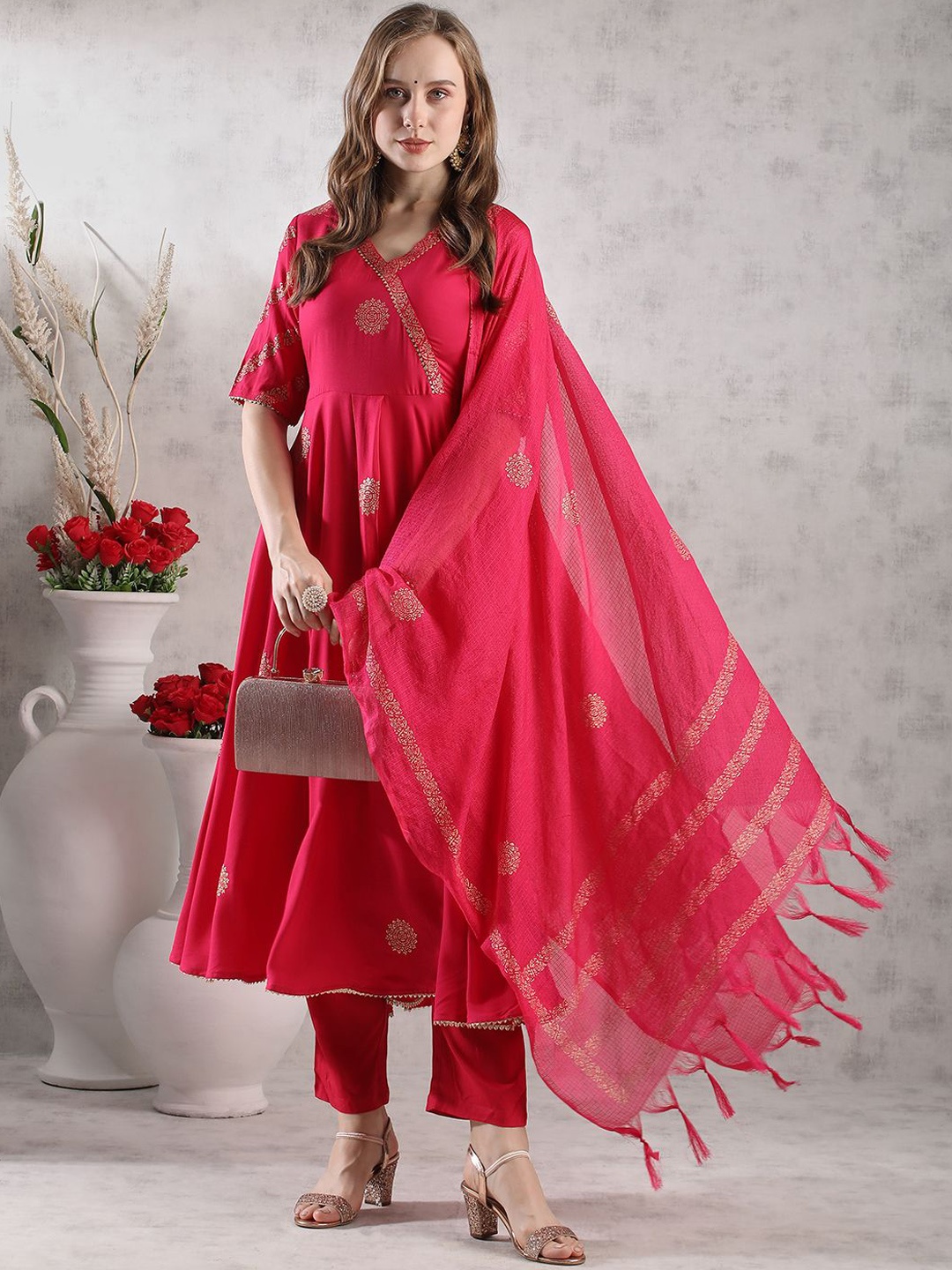 

KALINI Floral Printed Angarkha Styled Anrakali Kurta With Trousers & Dupatta, Pink