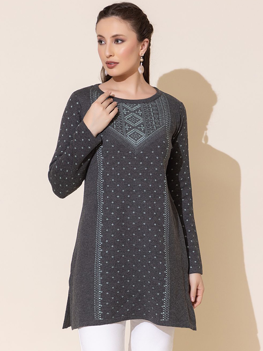 

Anouk Grey Ethnic Motifs Woven Design Round Neck Jacquard Straight Kurta