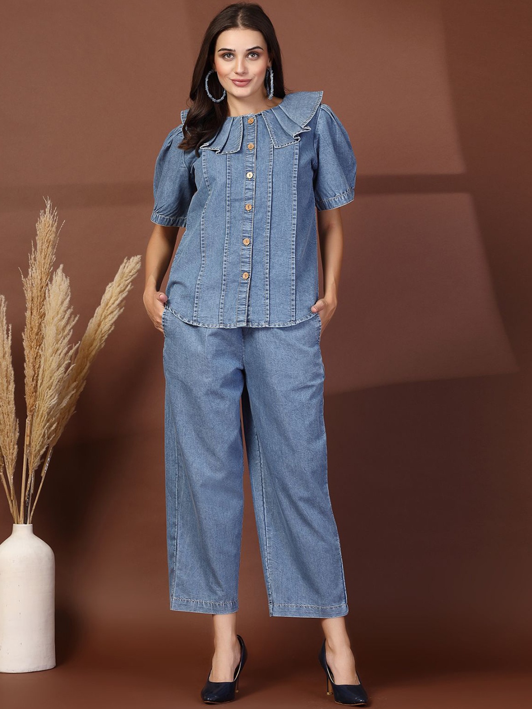 

plusS Round Neck Short Sleeves Pure Cotton Top With Trouser, Blue