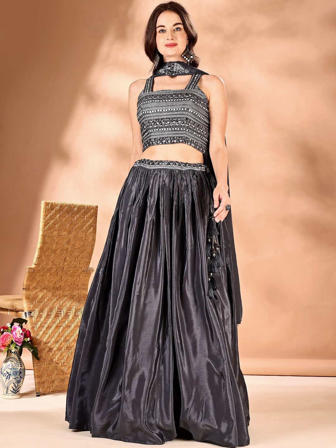 

JIVORA Embroidered Thread Work Ready to Wear Lehenga & Blouse With Dupatta, Grey