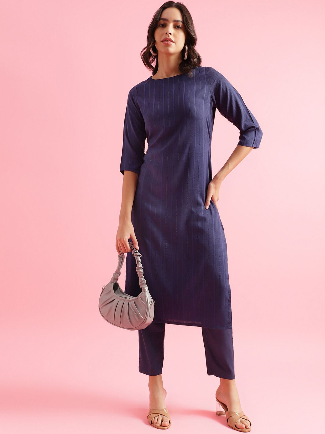 

KALINI Striped Printed Three Quarter Sleeves Sequined Straight Kurta With Trousers, Navy blue