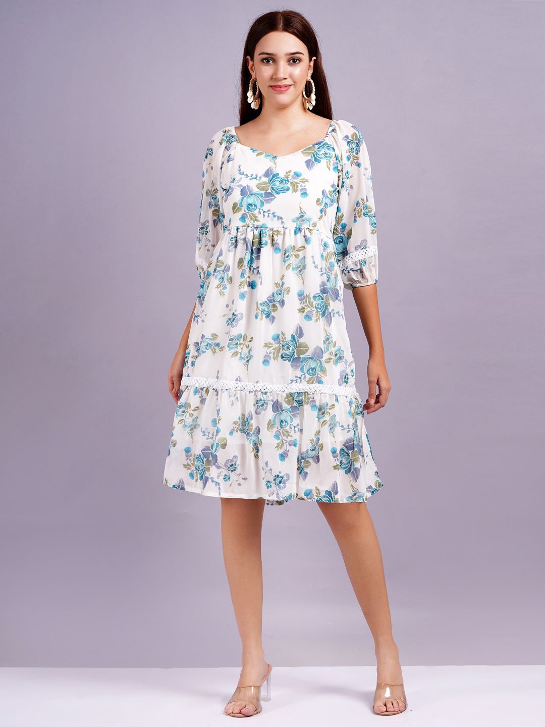 

KALINI Women Floral Printed Fit & Flare Casual Dress, Blue