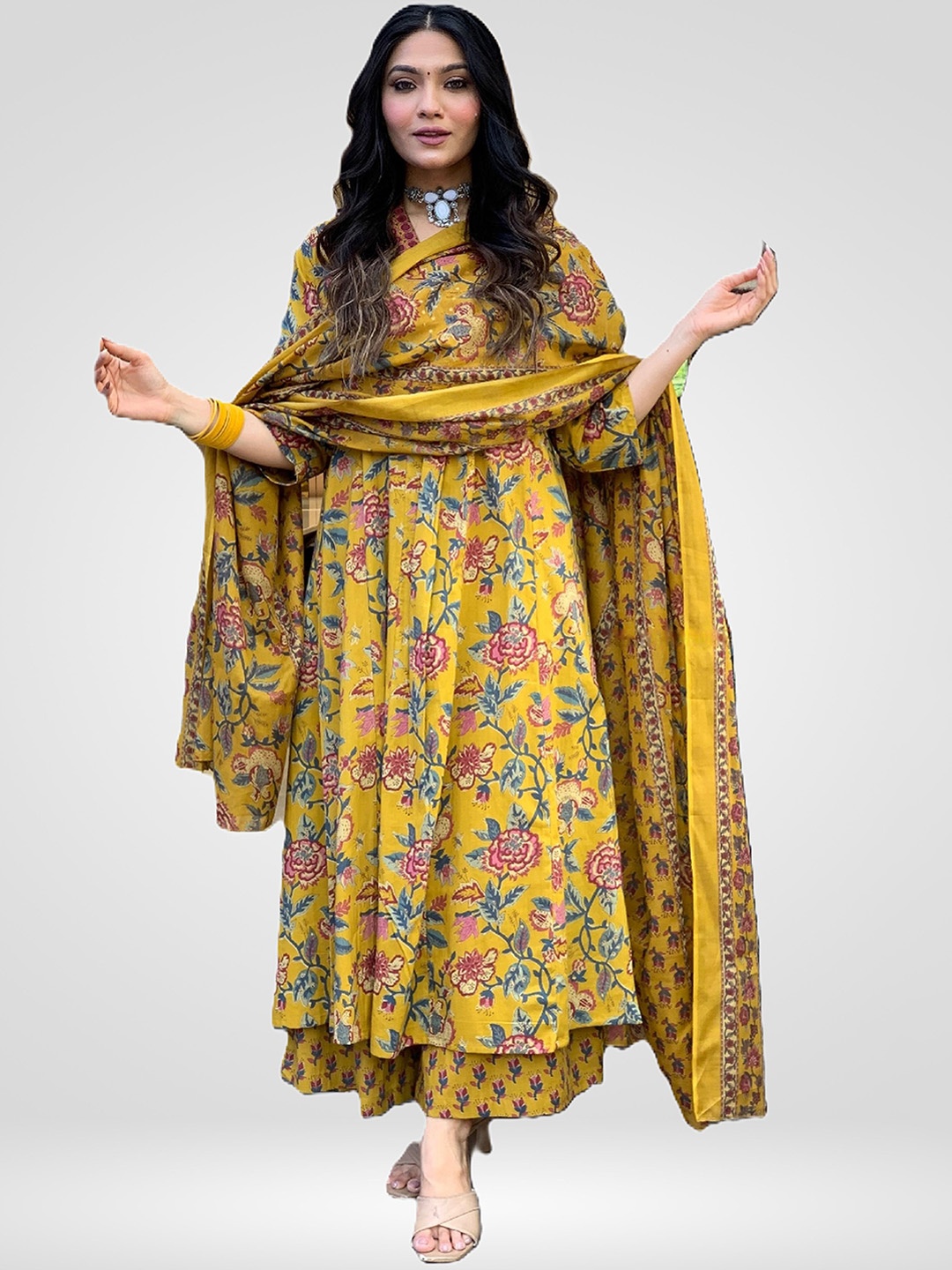 

Arayna Jaipuri Floral Printed V-Neck Pure Cotton Anarkali Kurta With Palazzos & Dupatta, Mustard