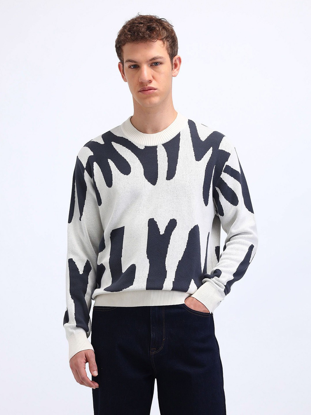 

Flying Machine Men Abstract Printed Cotton Winter Pullover, White