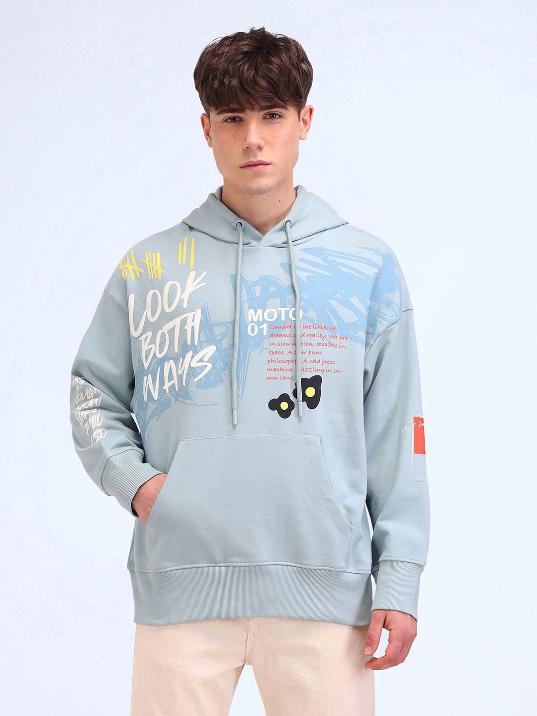 

Flying Machine Men Graphic Printed Hooded Cotton Sweatshirt, Blue
