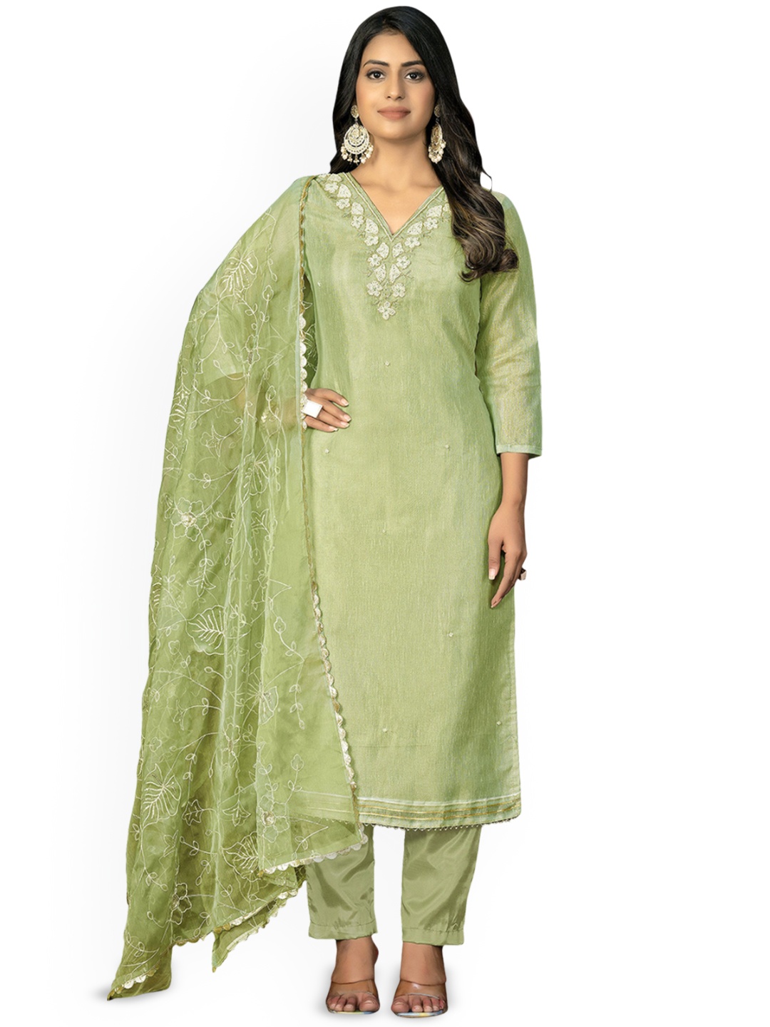 

Maroosh Floral Embroidered Cotton Unstitched Dress Material, Green