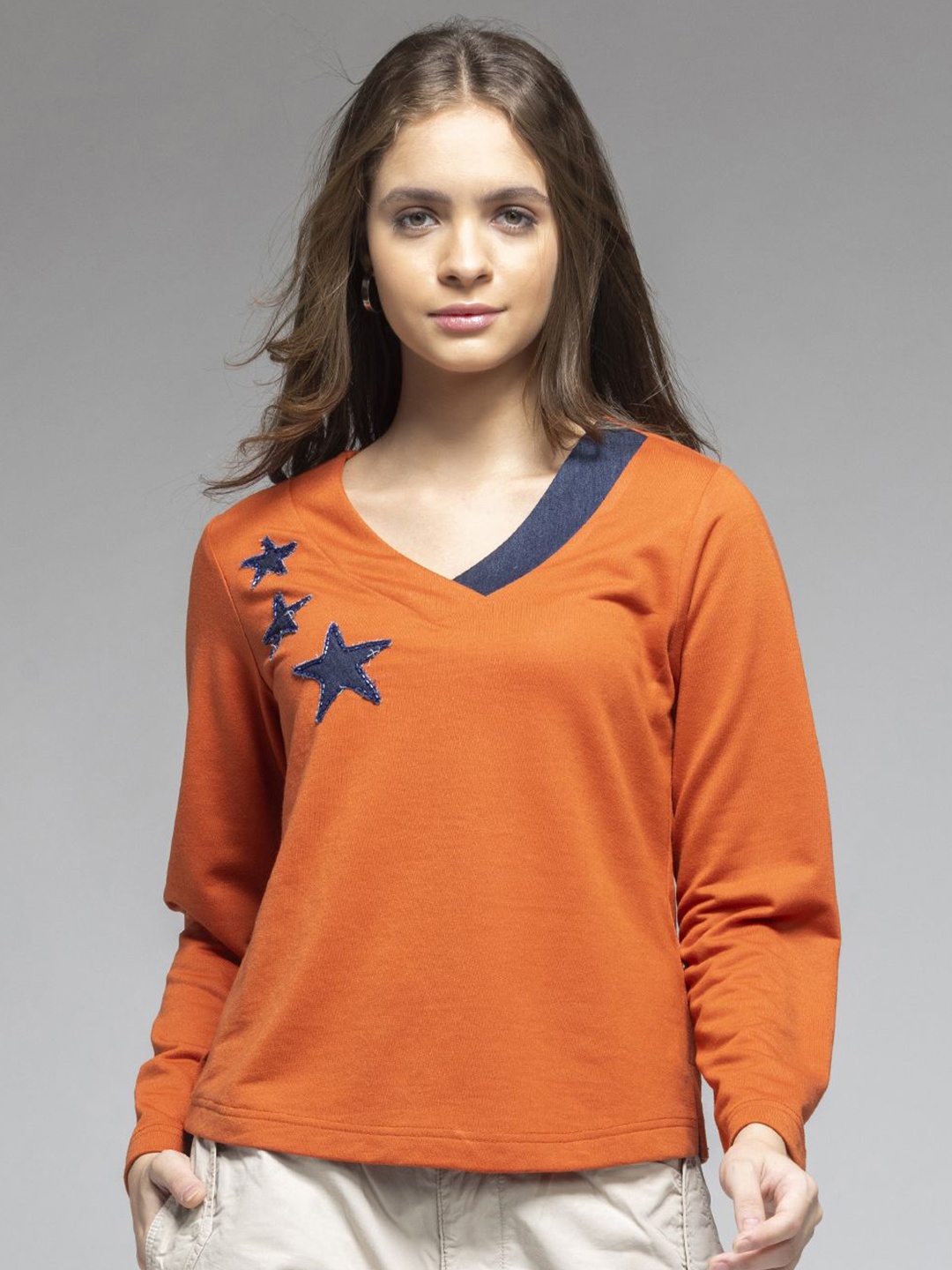 

SHAYE Women V-Neck Embroidered Pullover Sweatshirt, Orange