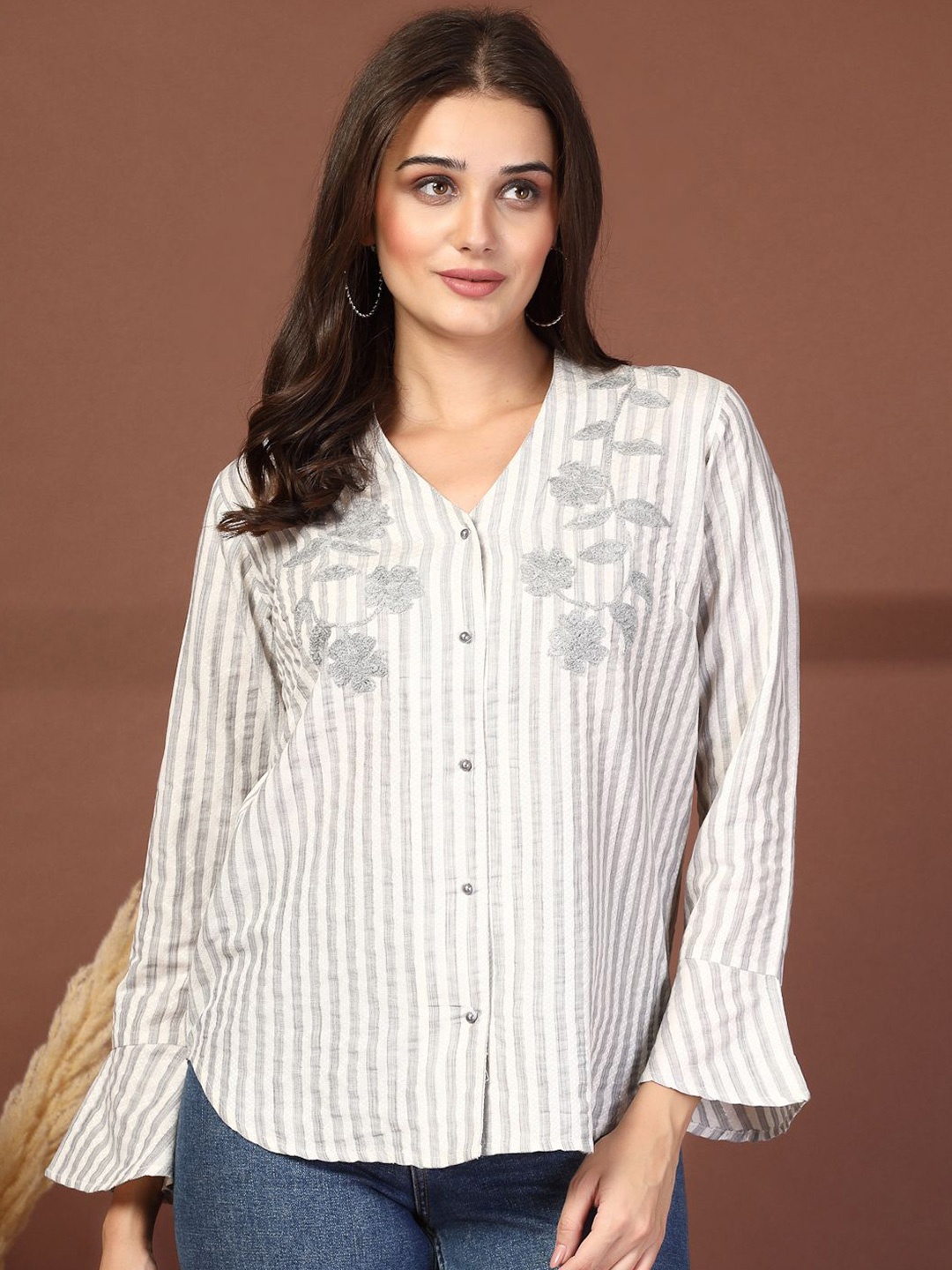 

plusS Women Collarless Vertical Striped Cotton Casual Shirt, White