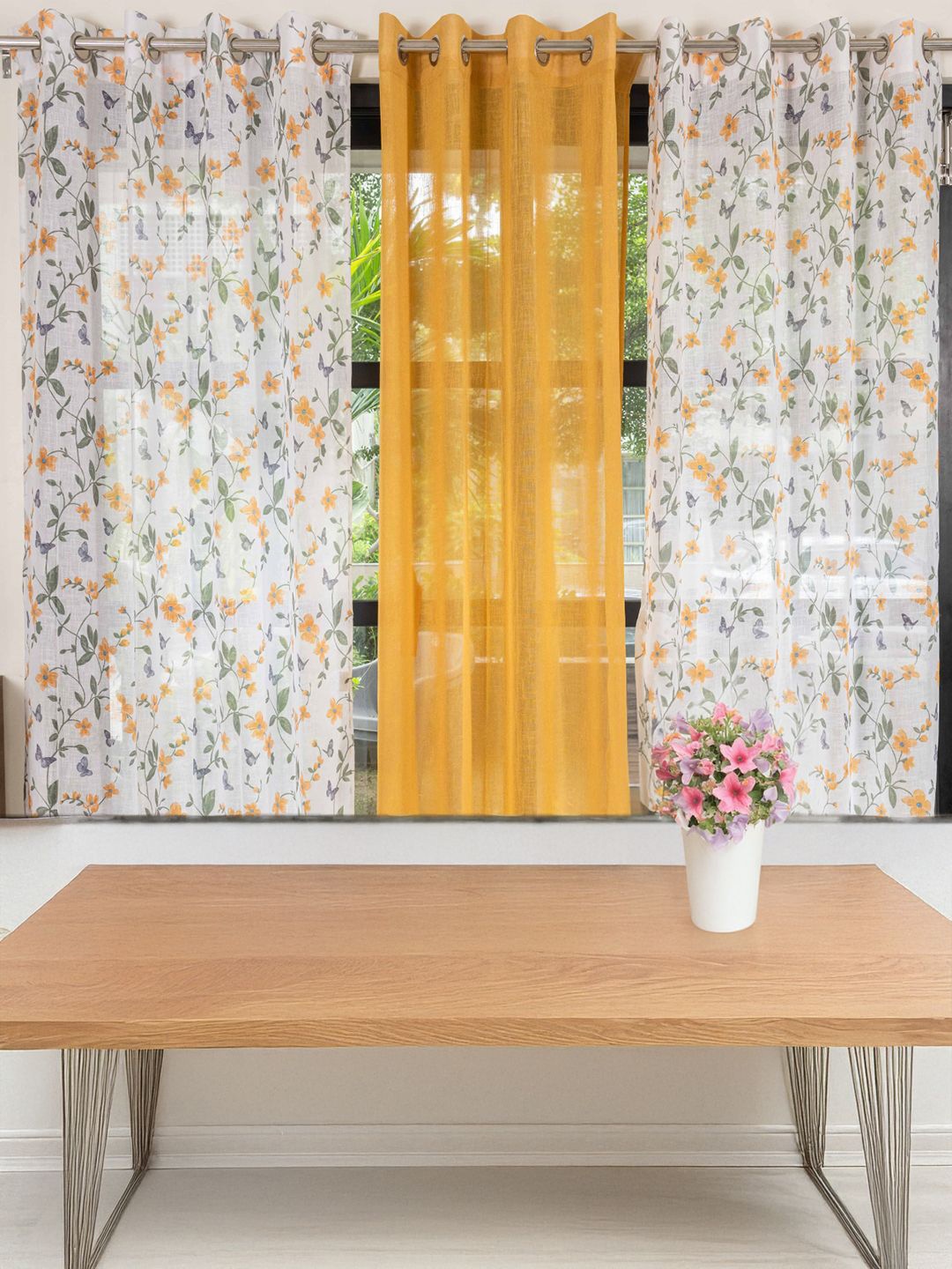 

URBAN SPACE Yellow & White 3 Pieces Floral Printed Sheer Window Curtain