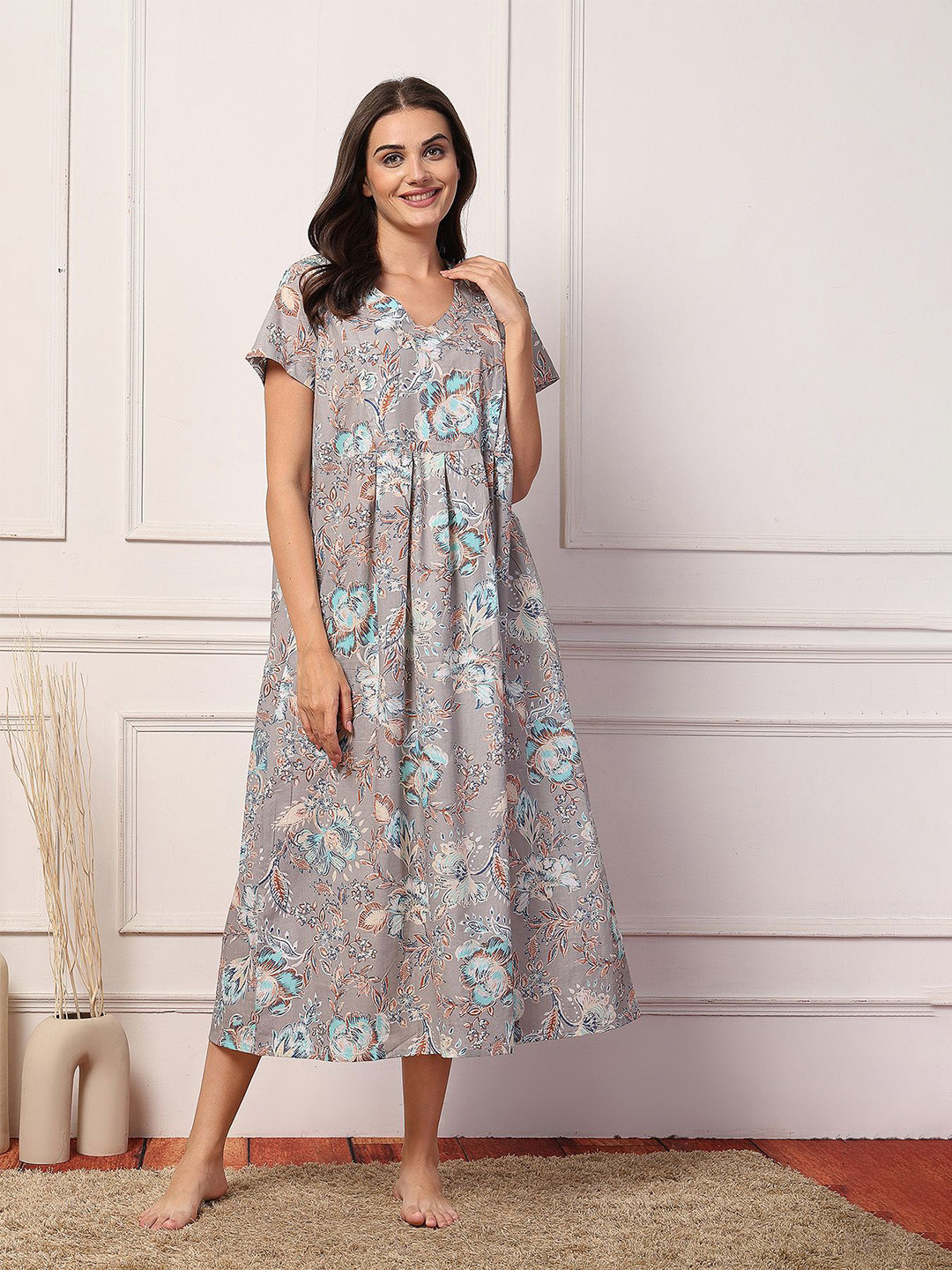 

House Of Zelena Women Pure Cotton Printed Maternity Nightdress, Grey
