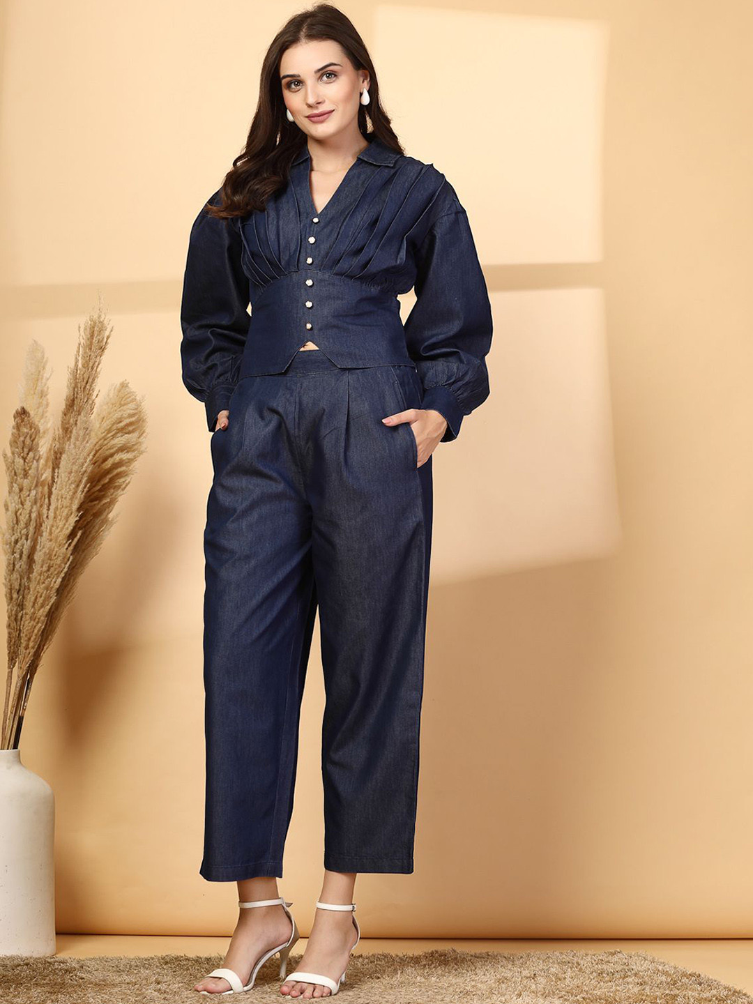 

plusS Navy Blue Shirt Collar Long Sleeves Pure Cotton Top With Trouser