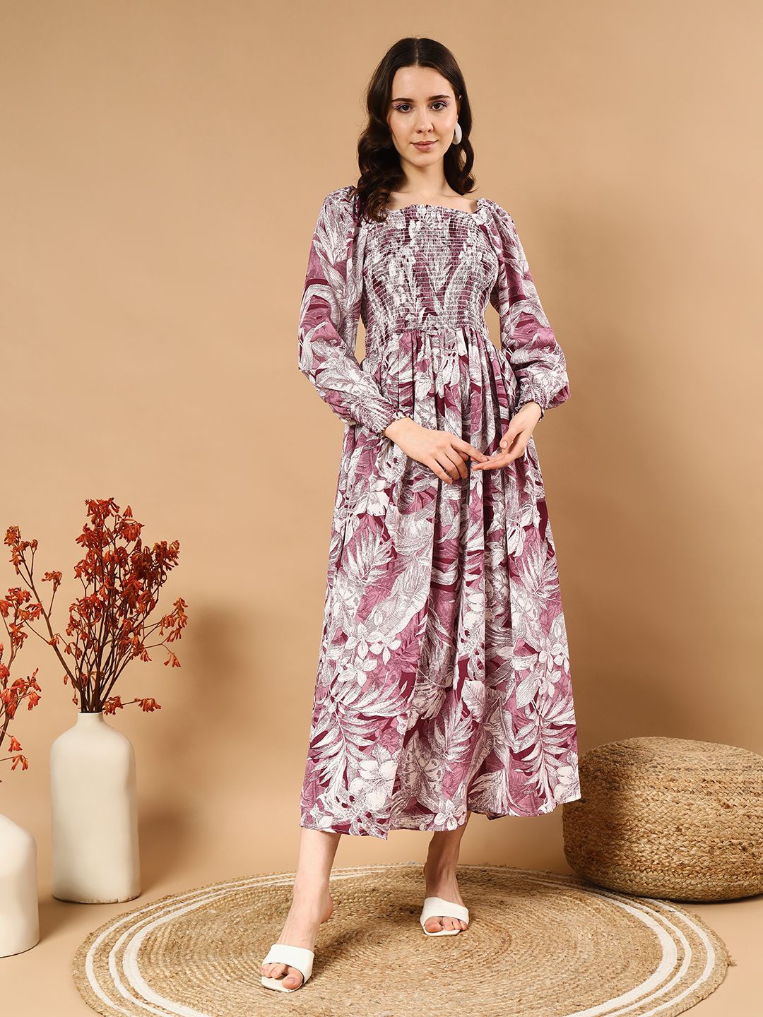 

DEKLOOK Women Tropical Printed Square Neck Cuffed Sleeves Fit & Flare Maxi Dress, Purple