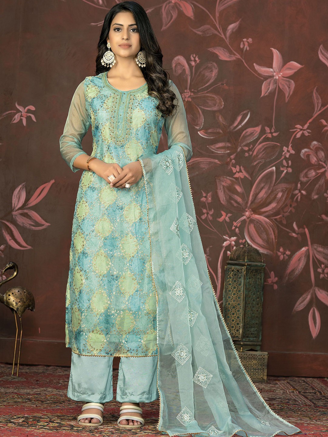 

Maroosh Floral Embroidered Sequined Organza Unstitched Dress Material, Sea green