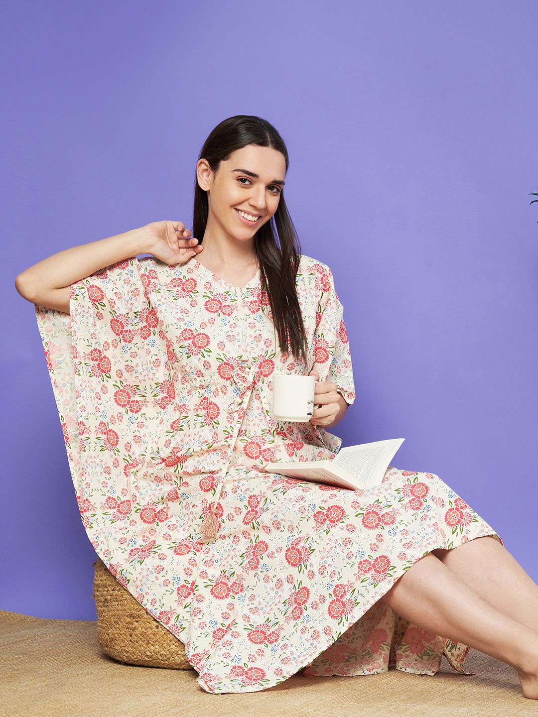 

ETC Women Floral Printed Pure Cotton Midi Nightdress, Cream