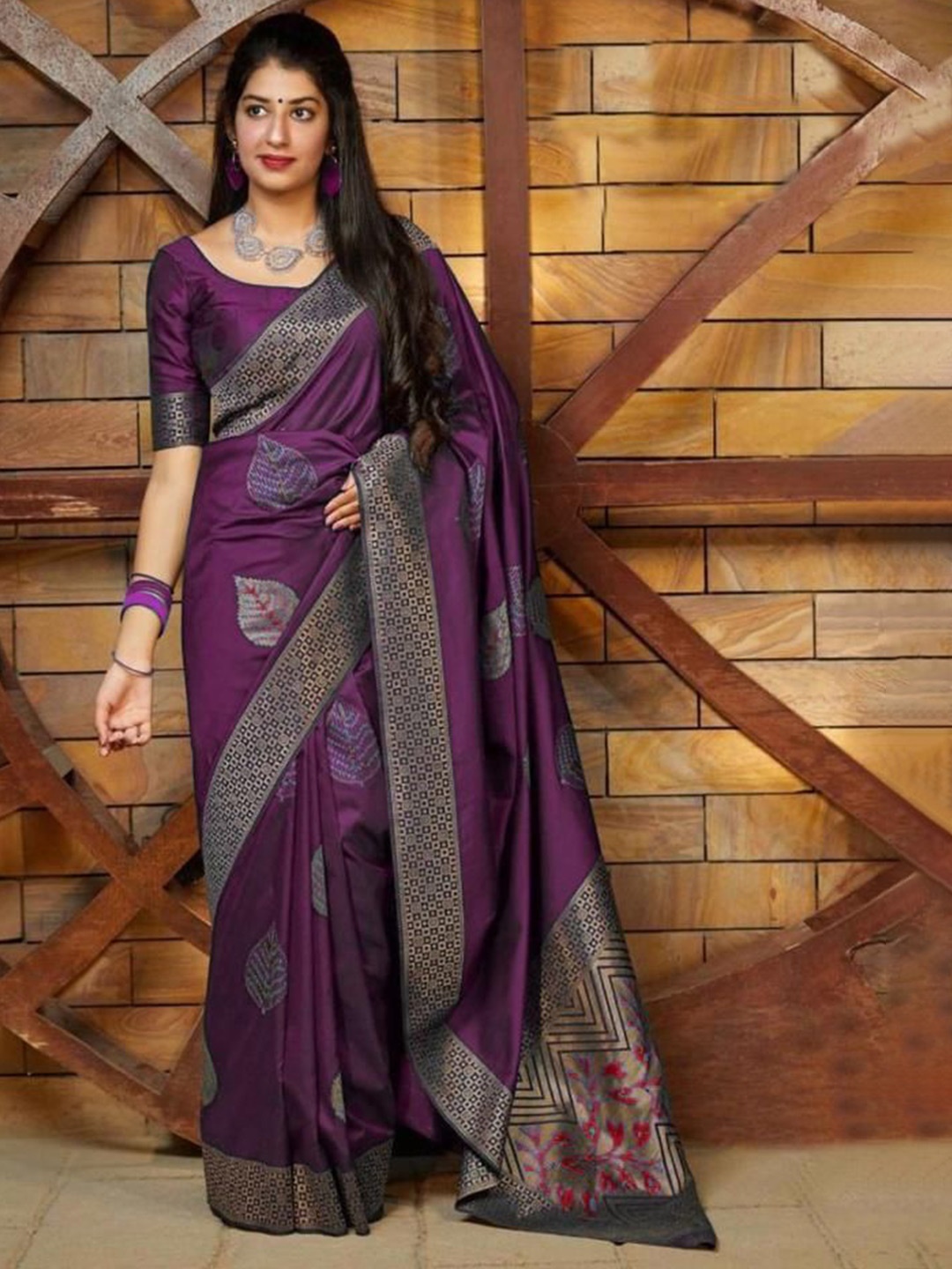 

KALINI Woven Design Zari Pure Silk Kanjeevaram Saree, Purple