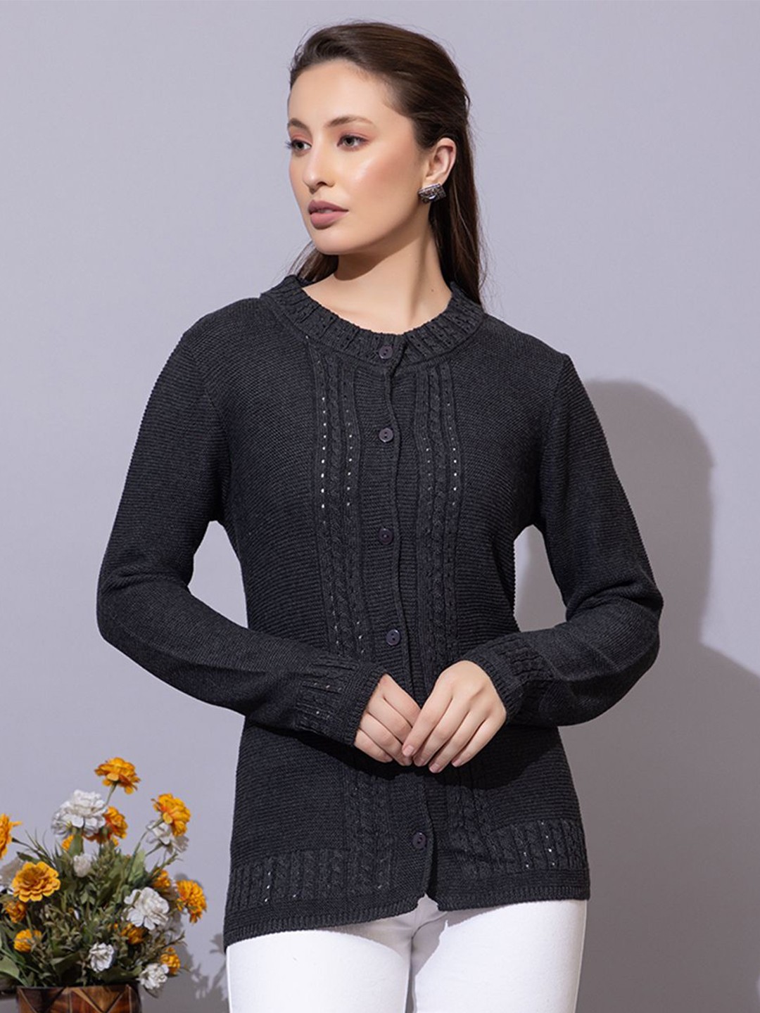 

Anouk Women Self Design Cardigan, Charcoal
