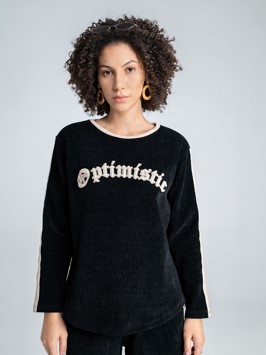 

EDRIO Women Typography Embroidered Sweatshirt, Black