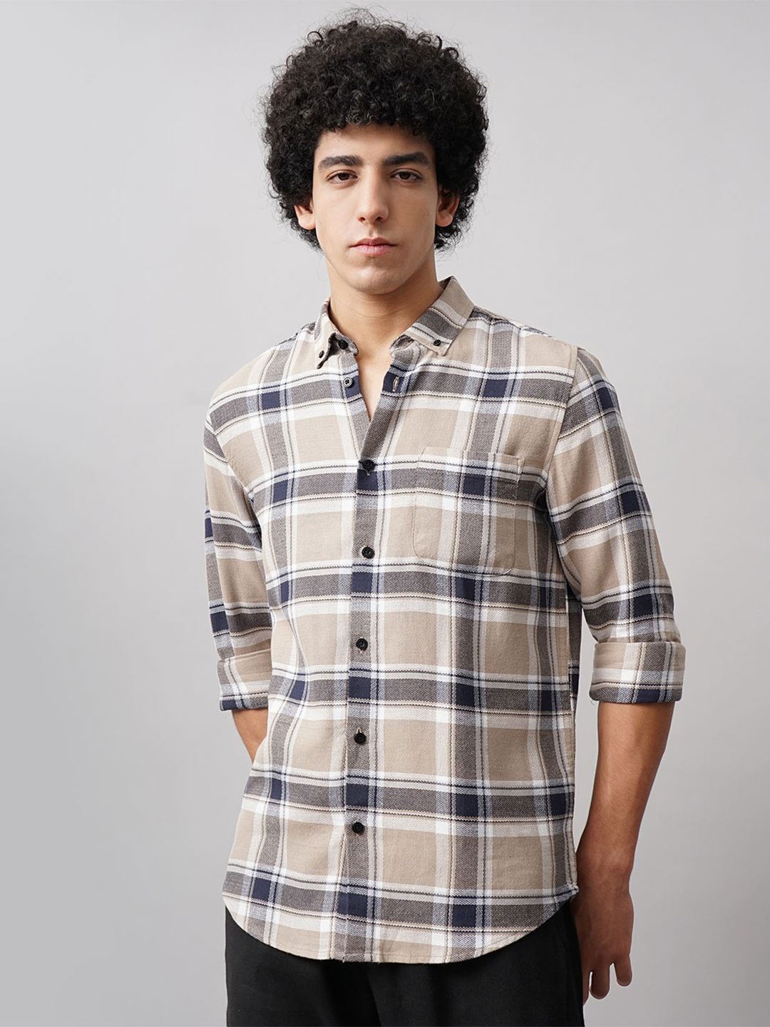 

British Club Men Classic Spread Collar Tartan Checked Cotton Casual Shirt, Beige