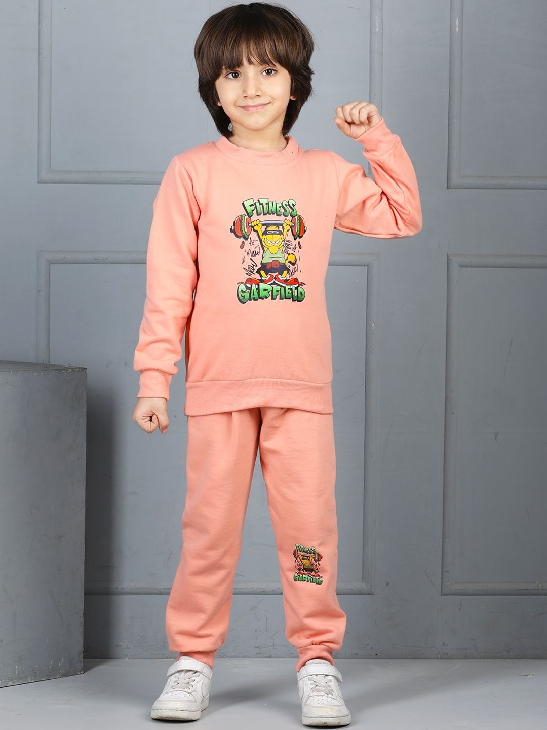 

Cutiekins Boys Pure Cotton Printed Sweatshirt & Joggers Tracksuits, Peach