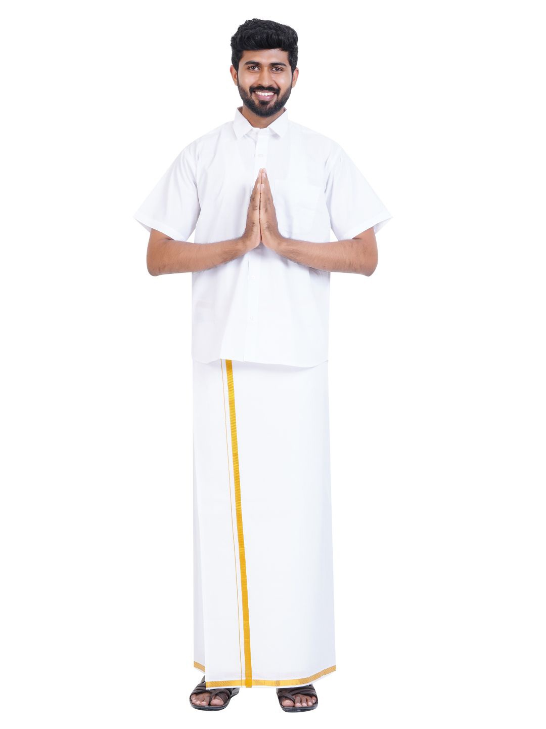 

Ethazh Shirt Collar Short Sleeves Pure Cotton Shirt With Dhoti, White