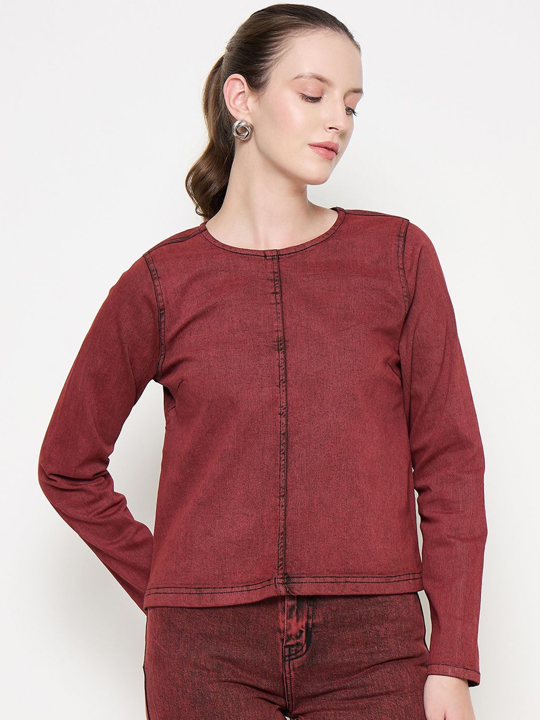 

Madame Women Round Neck Cotton Regular Top, Red