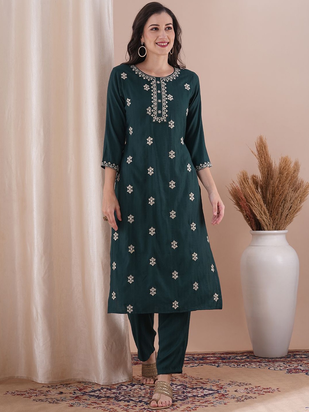 

FASHOR Floral Embroidered Round Neck Three-Quarter Sleeves Top and Trouser, Green