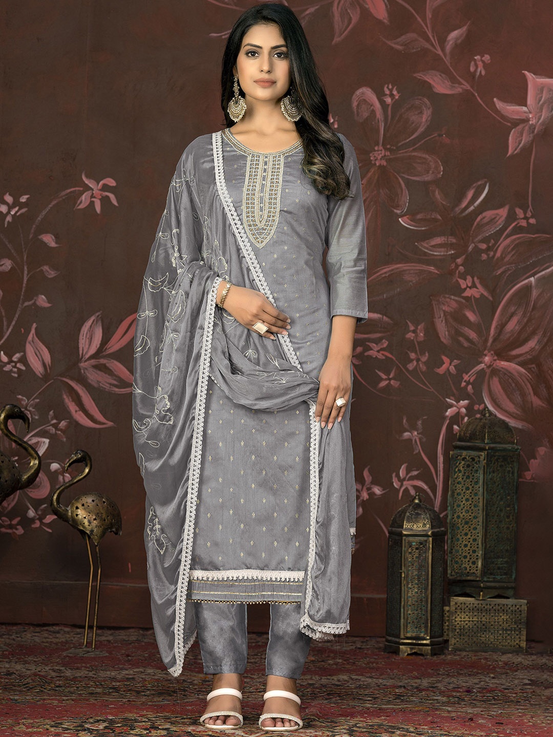 

Maroosh Floral Embroidered Unstitched Dress Material, Grey