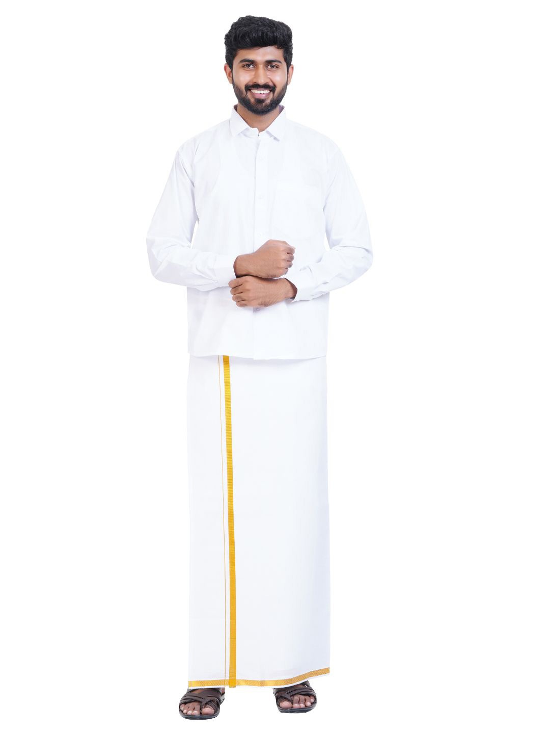 

Ethazh Shirt Collar Long Sleeves Pure Cotton Shirt With Dhoti, White