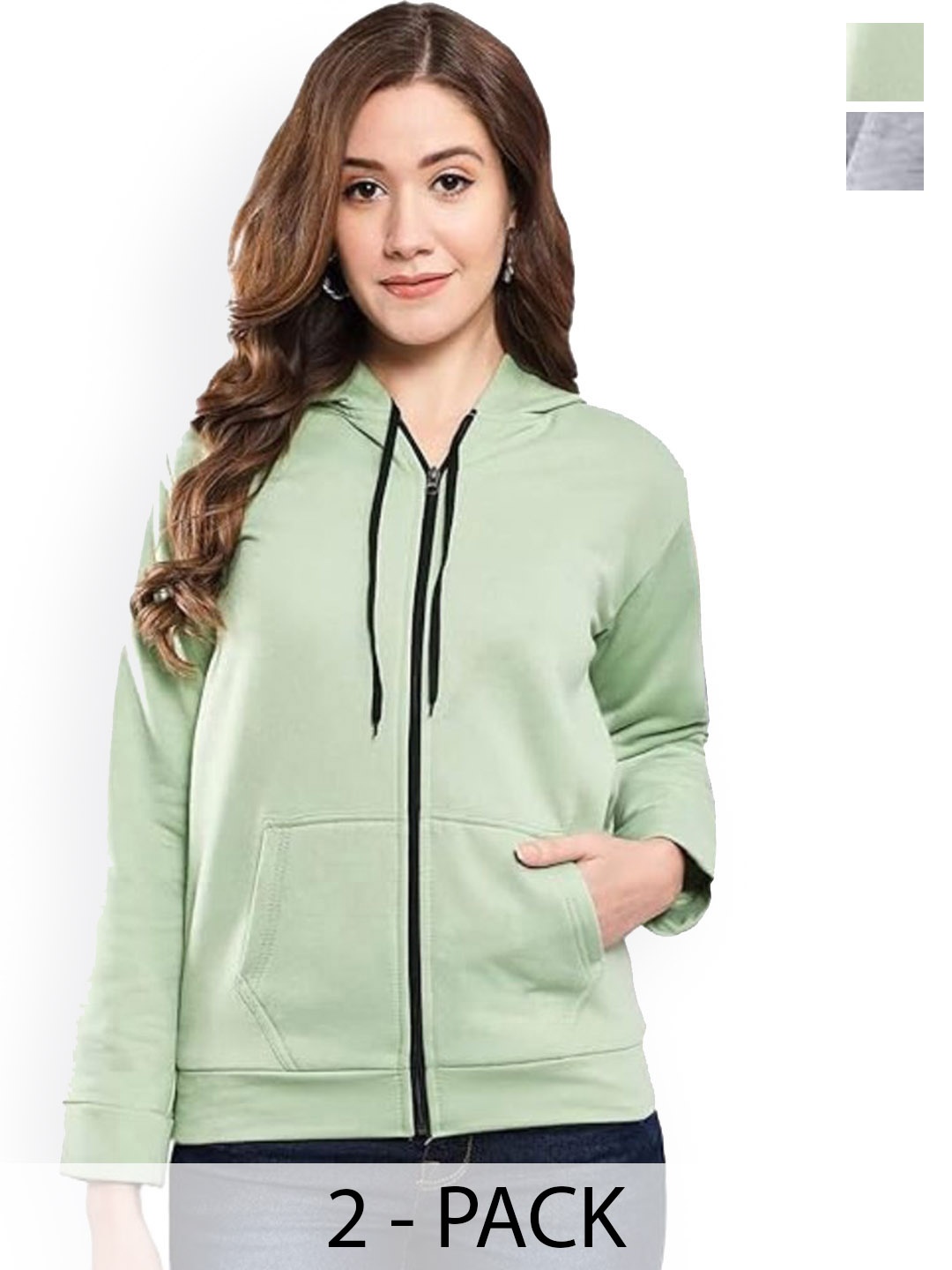 

Funday Fashion Women Pack Of 2 Hooded Solid Fleece Casual Open Front Jackets, Lime green