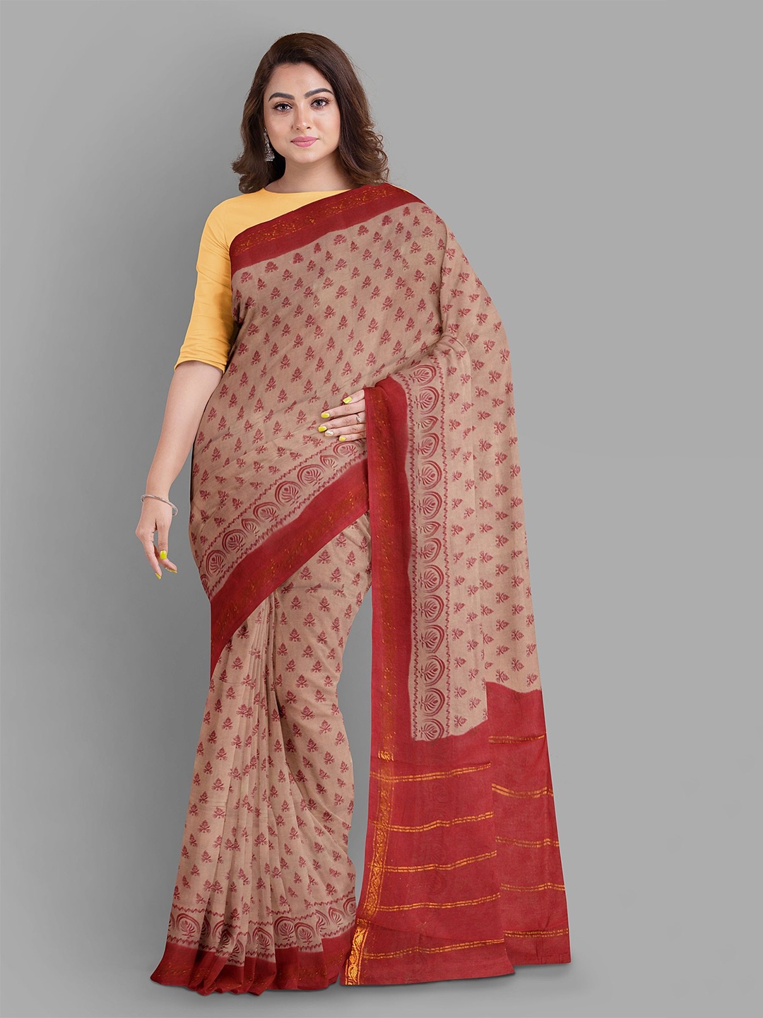 

The Chennai Silks Floral Pure Cotton Sungudi Saree, Brown