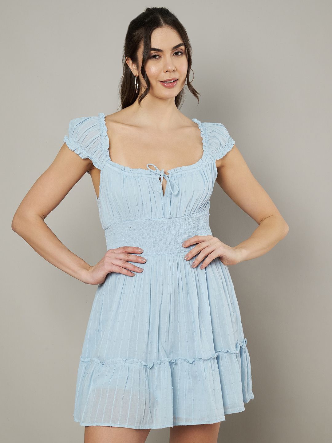 

Amagyaa Women Tie-Up Neck A-Line Mini Cotton Dress, Blue
