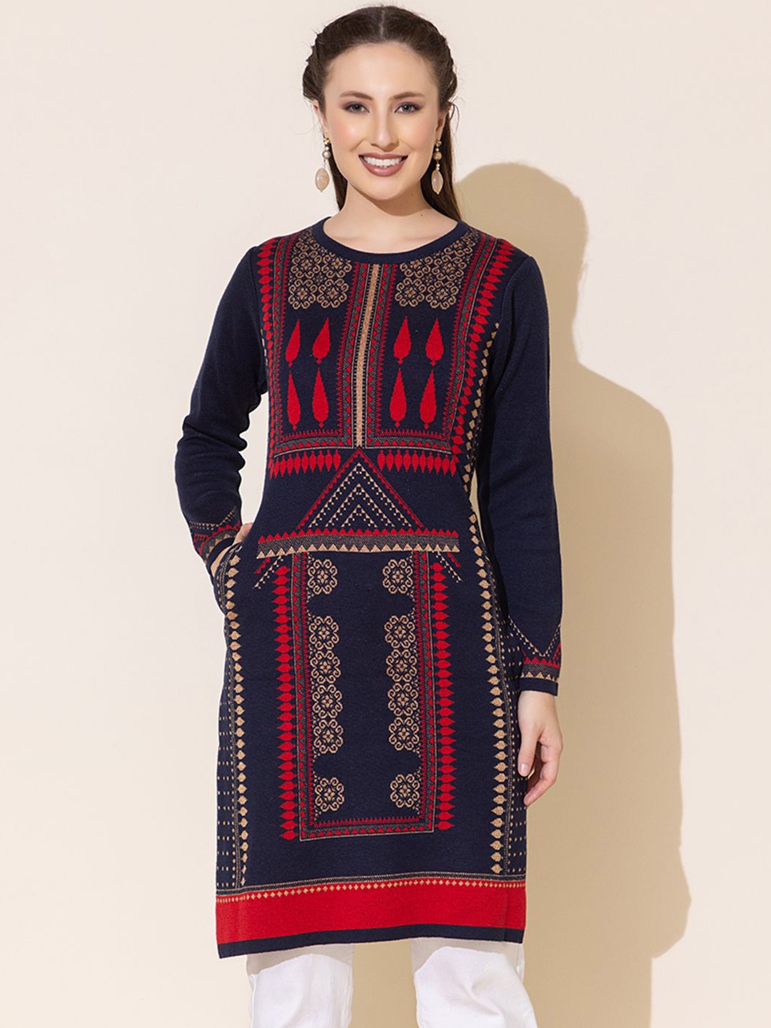 

Anouk Ethnic Motifs Printed Regular Straight Jacquard Kurti, Navy blue