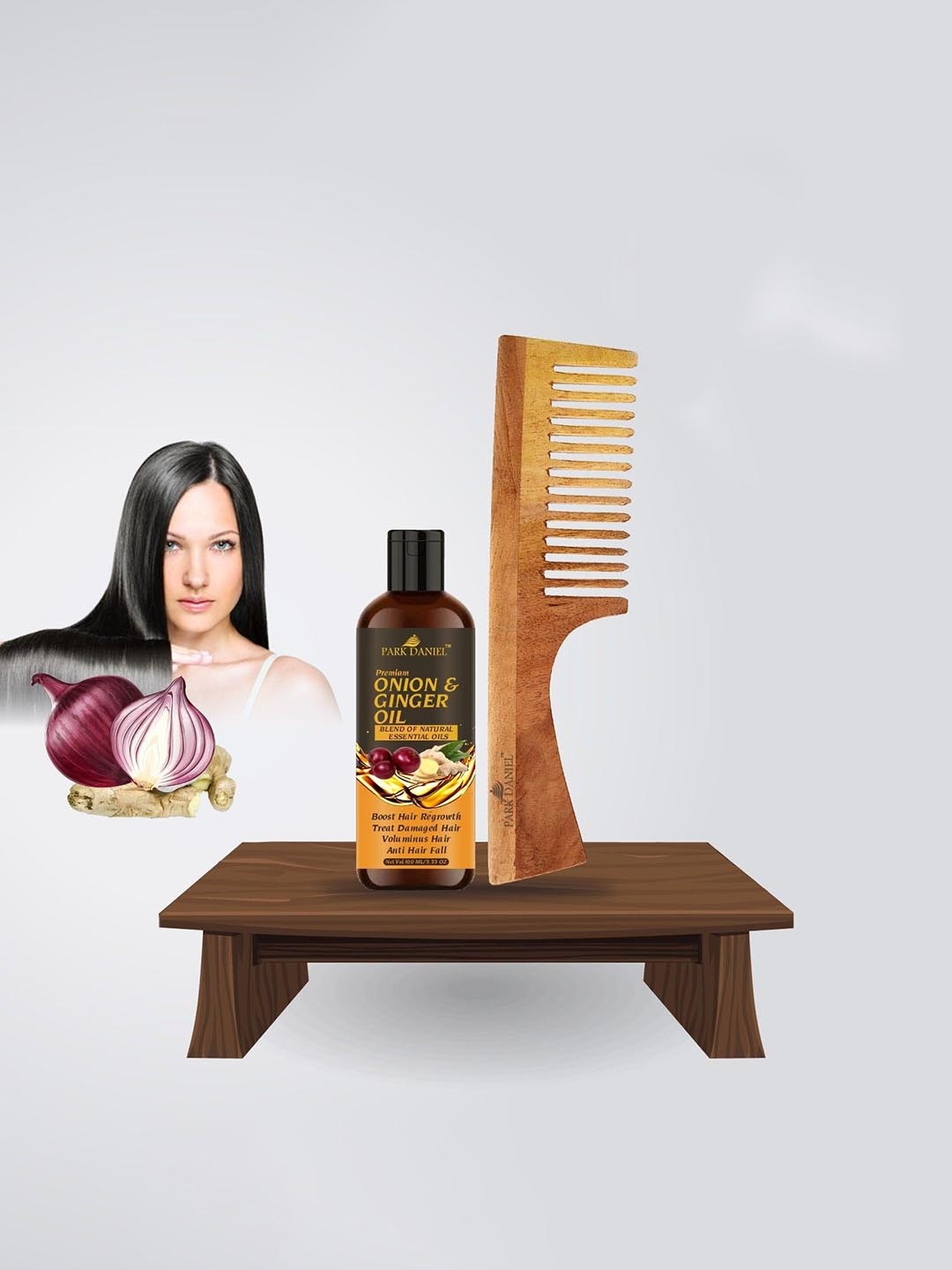 

Park Daniel Set Of 2 Premium Onion & Ginger Hair Oil - 100 ml With Neem Comb, Brown