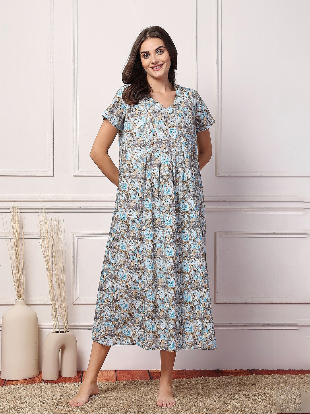 

House Of Zelena Floral Printed Maternity Maxi Nightdress, Grey