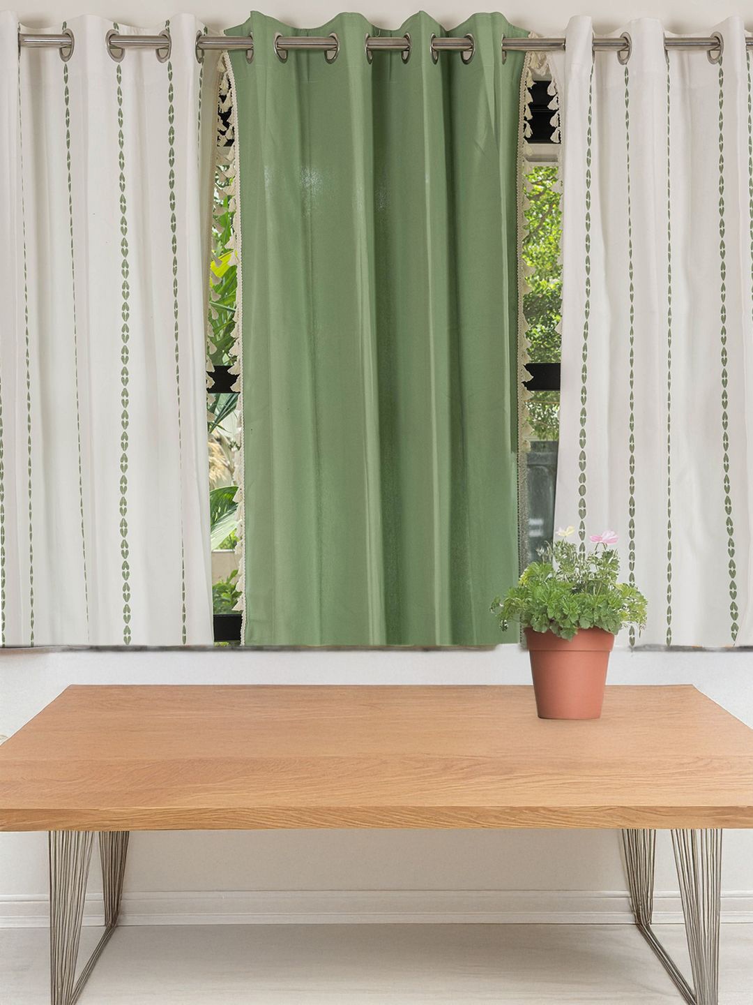 

URBAN SPACE Green & Off White 3 Pieces Cotton Embroidered Window Curtain