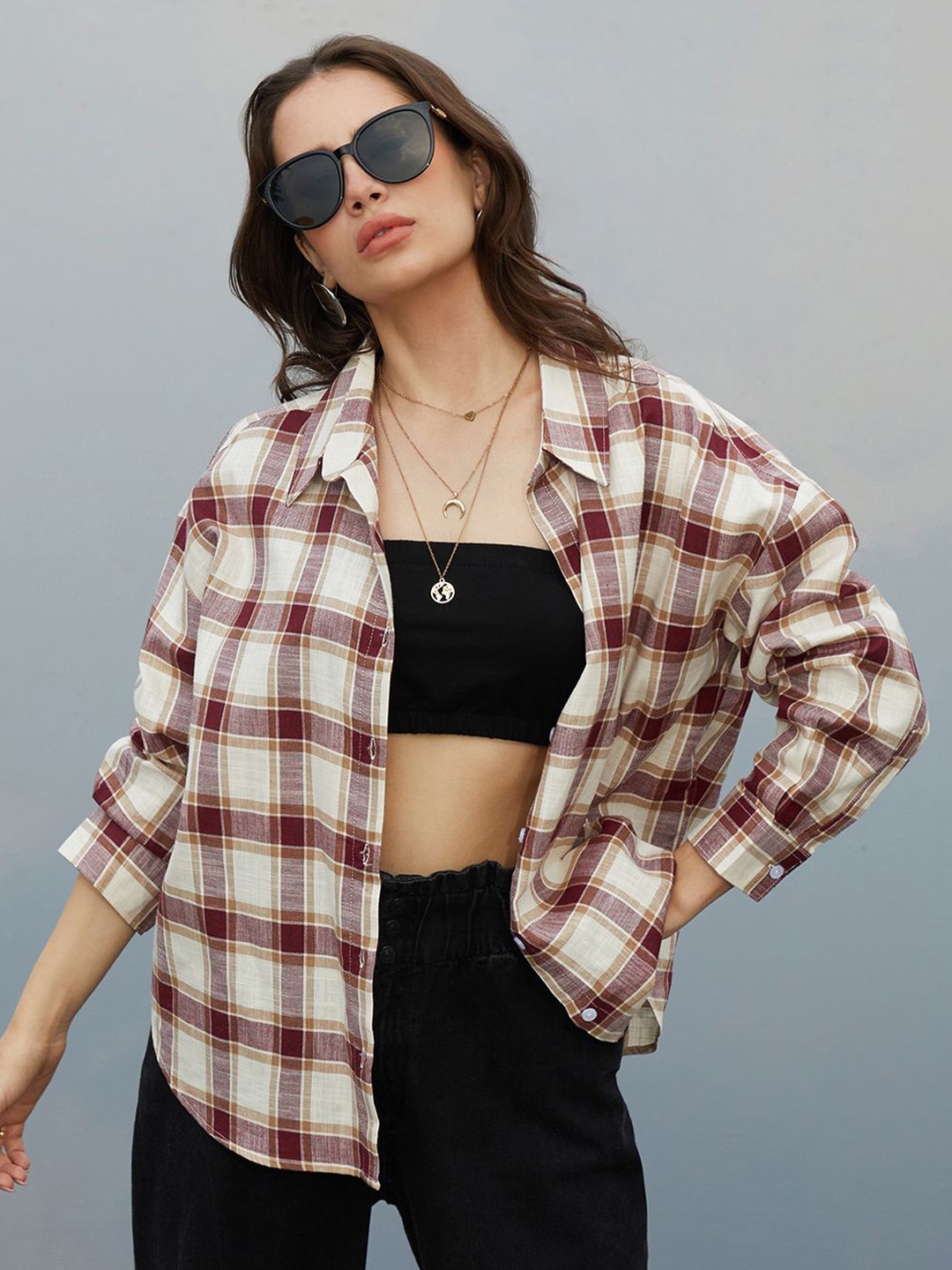 

Campus Sutra Women Comfort Spread Collar Tartan Checked Oversized Casual Shirt, Cream