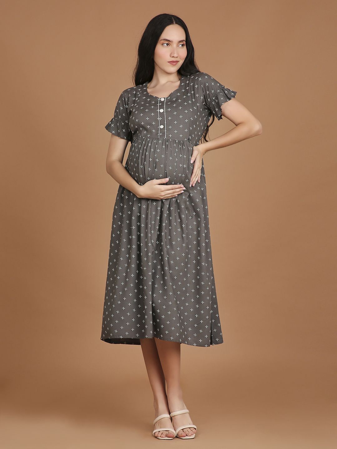

NIGHTSPREE Women Printed Maternity Fit & Flare Dress, Grey