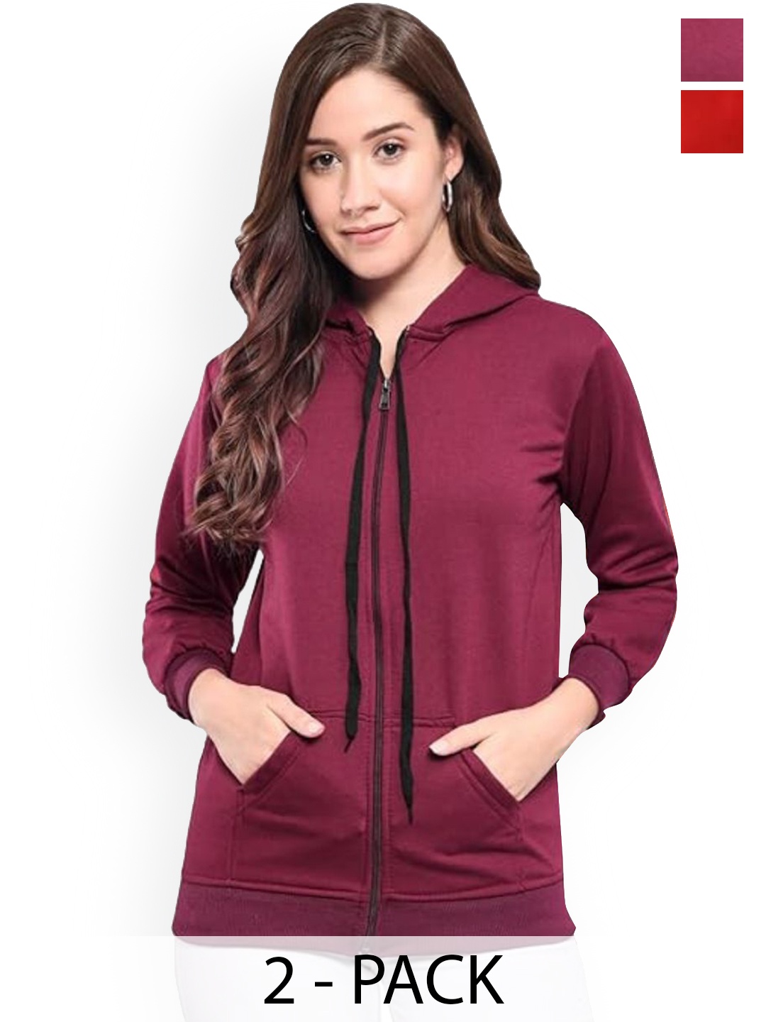 

Funday Fashion Women Pack Of 2 Hooded Solid Fleece Casual Open Front Jackets, Burgundy