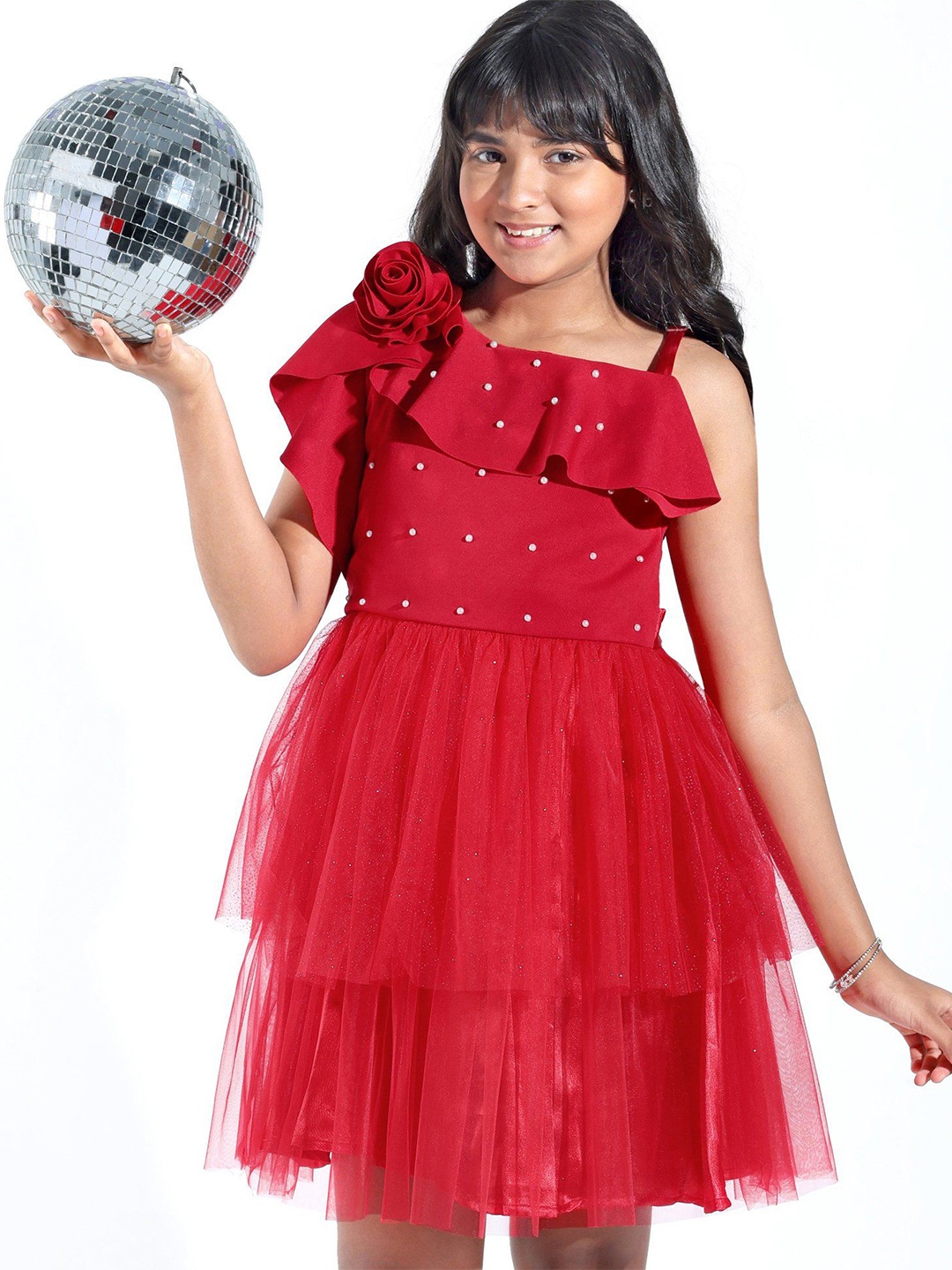 

Hola Bonita Girls Embellished One Shoulder Fit and Flare Above Knee Dress, Red