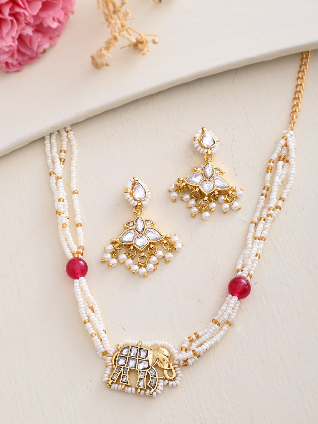 

DASTOOR Gold-Plated Stone-Studded & Beaded Necklace & Earrings