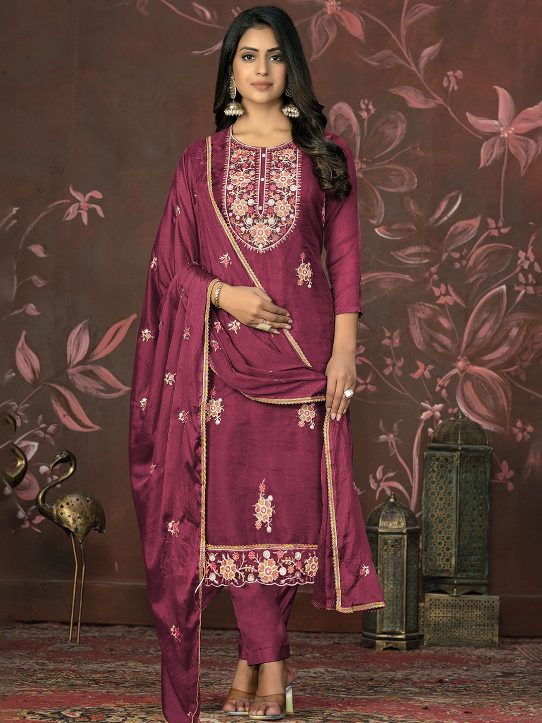 

Maroosh Floral Embroidered Organza Unstitched Dress Material, Maroon