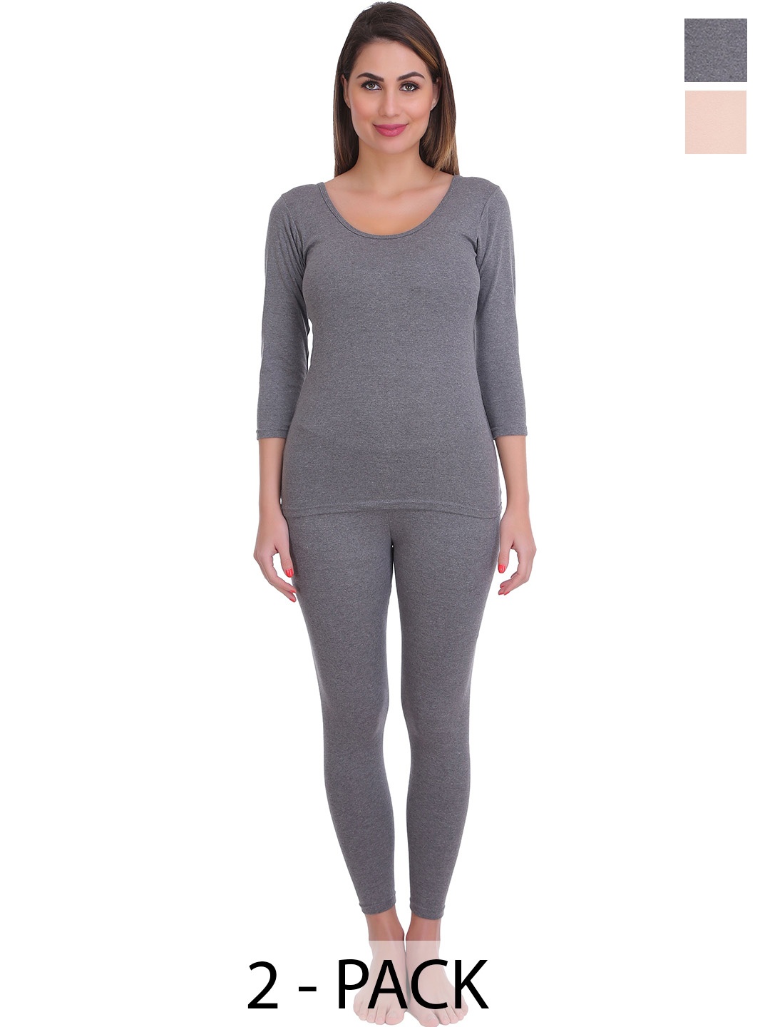 

SELFCARE Women Pack Of 2 Round Neck Thermal Set, Charcoal