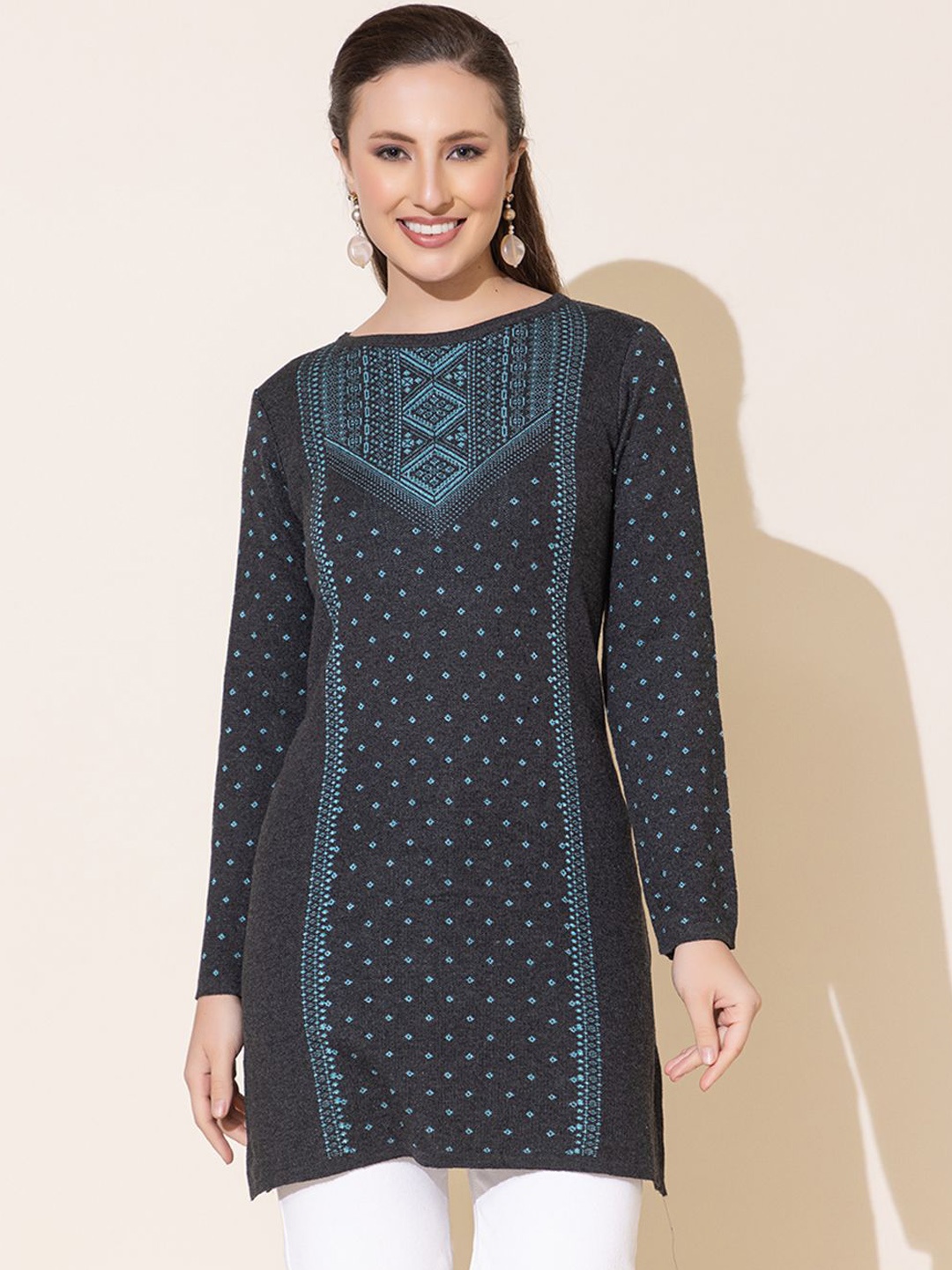 

Anouk Grey Ethnic Motifs Woven Design Round Neck Jacquard Straight Kurta