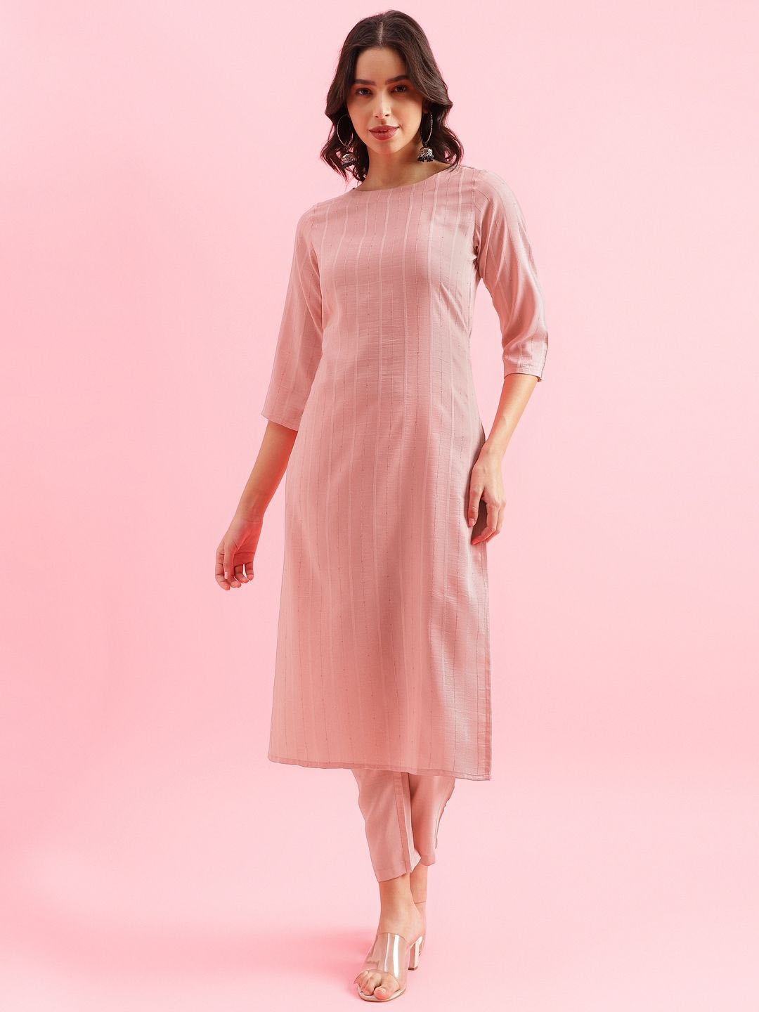 

KALINI Striped Printed Three Quarter Sleeves Sequined Straight Kurta With Trousers, Pink